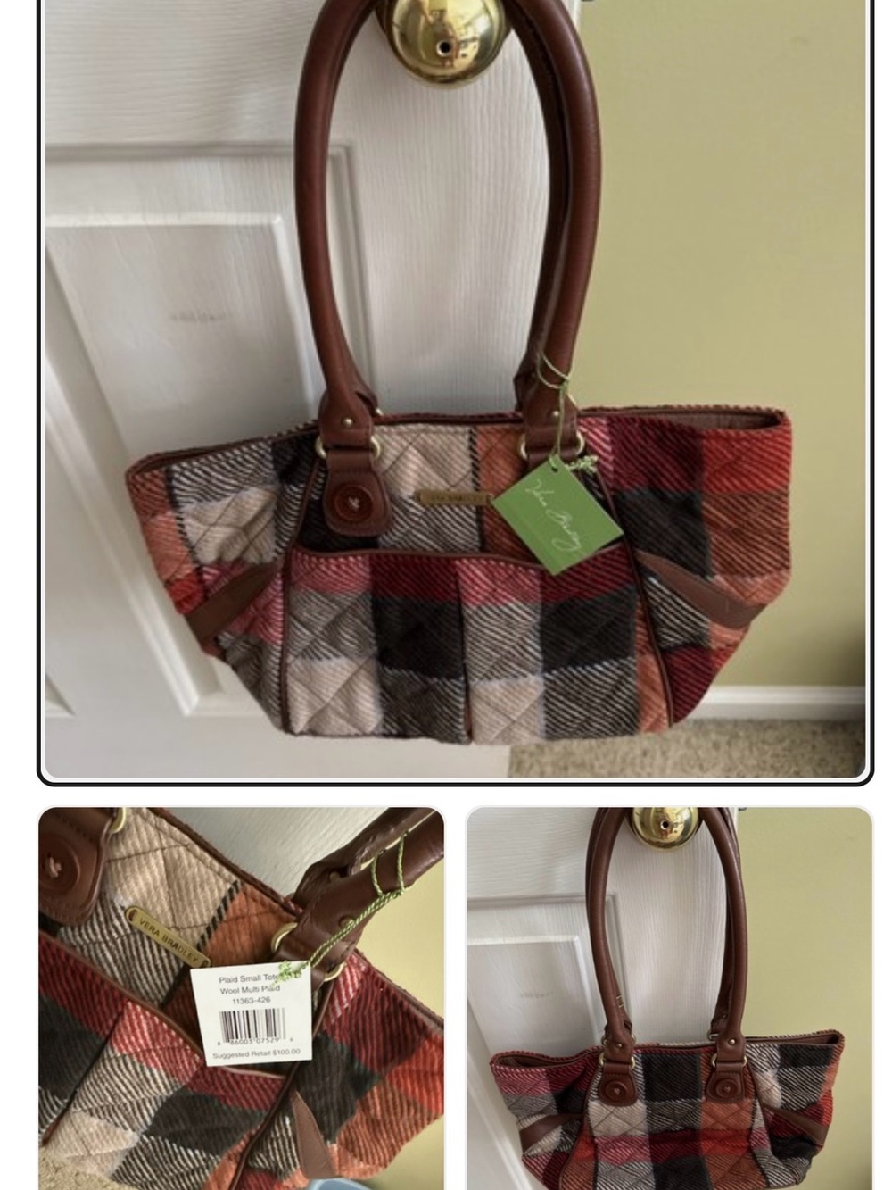 Vera Bradley Plaid Quilted Tote Bag with Brown Handles - Red/Tan/Black NWT